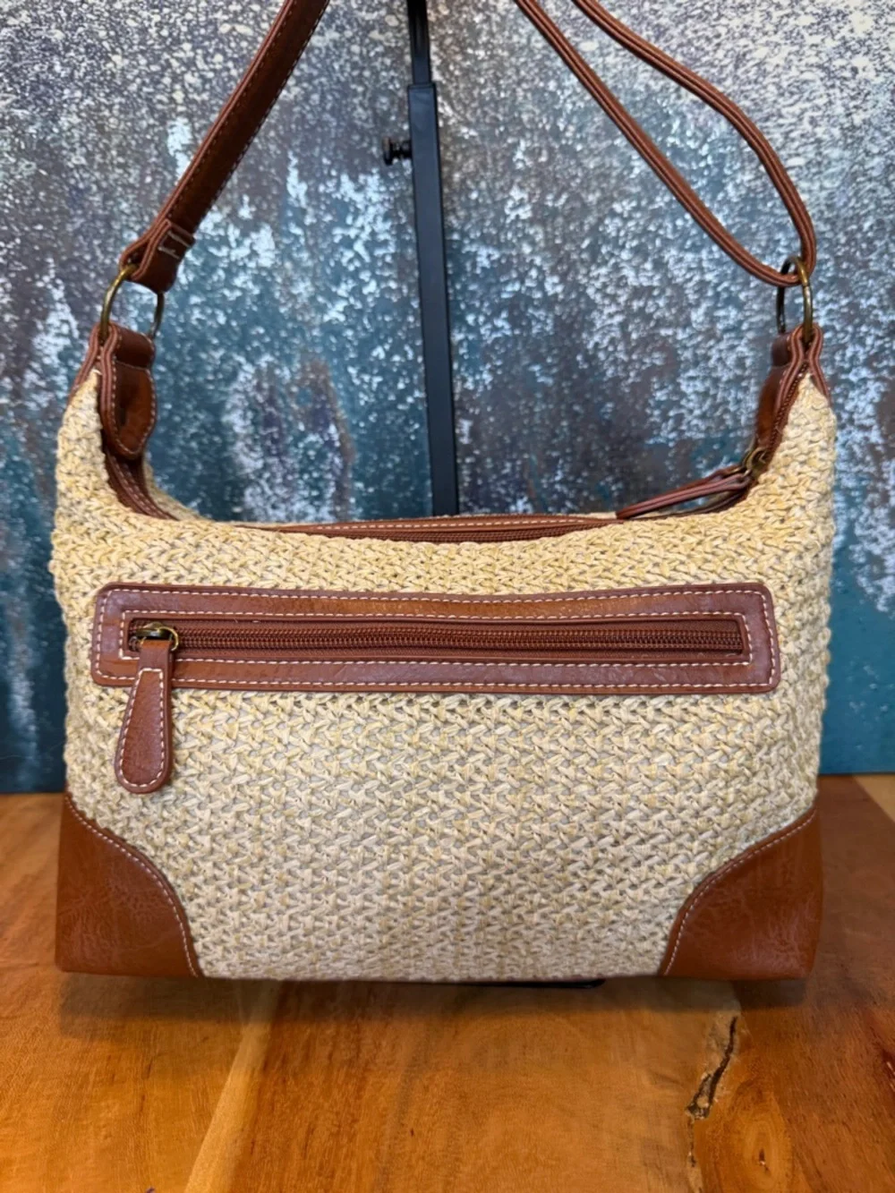 Stone Mountain Boho Woven Straw Faux‎ Leather Crossbody Shoulder Bag Tan  (VGUC)